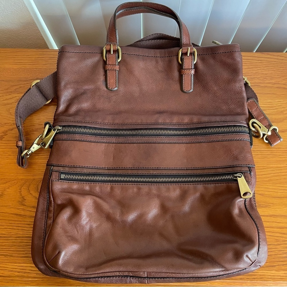Fossil Brown Leather Explorer Foldover Tote Bag